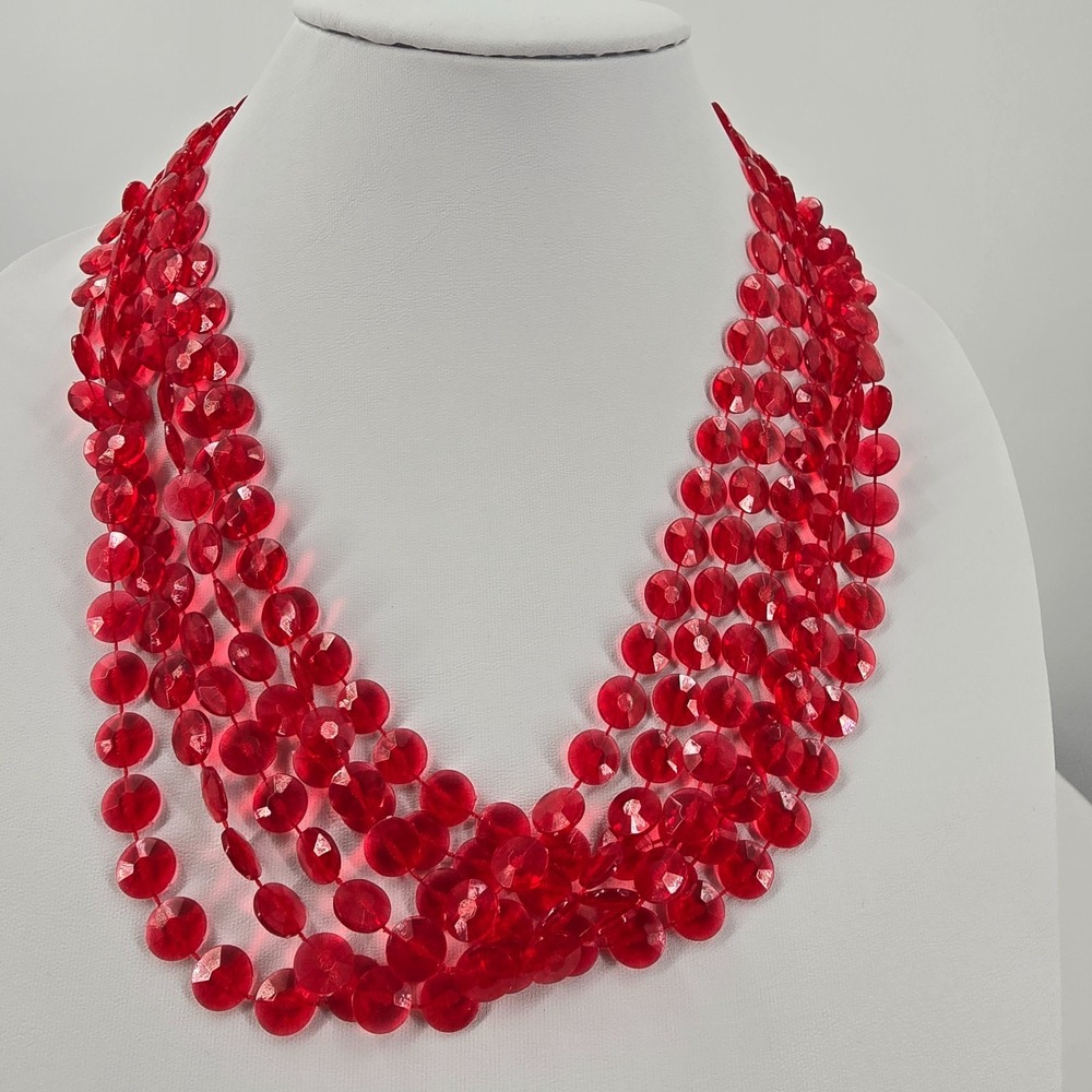 Vintage Red Lucite Faceted DiscBead Necklace Long Multistrand opera 46"